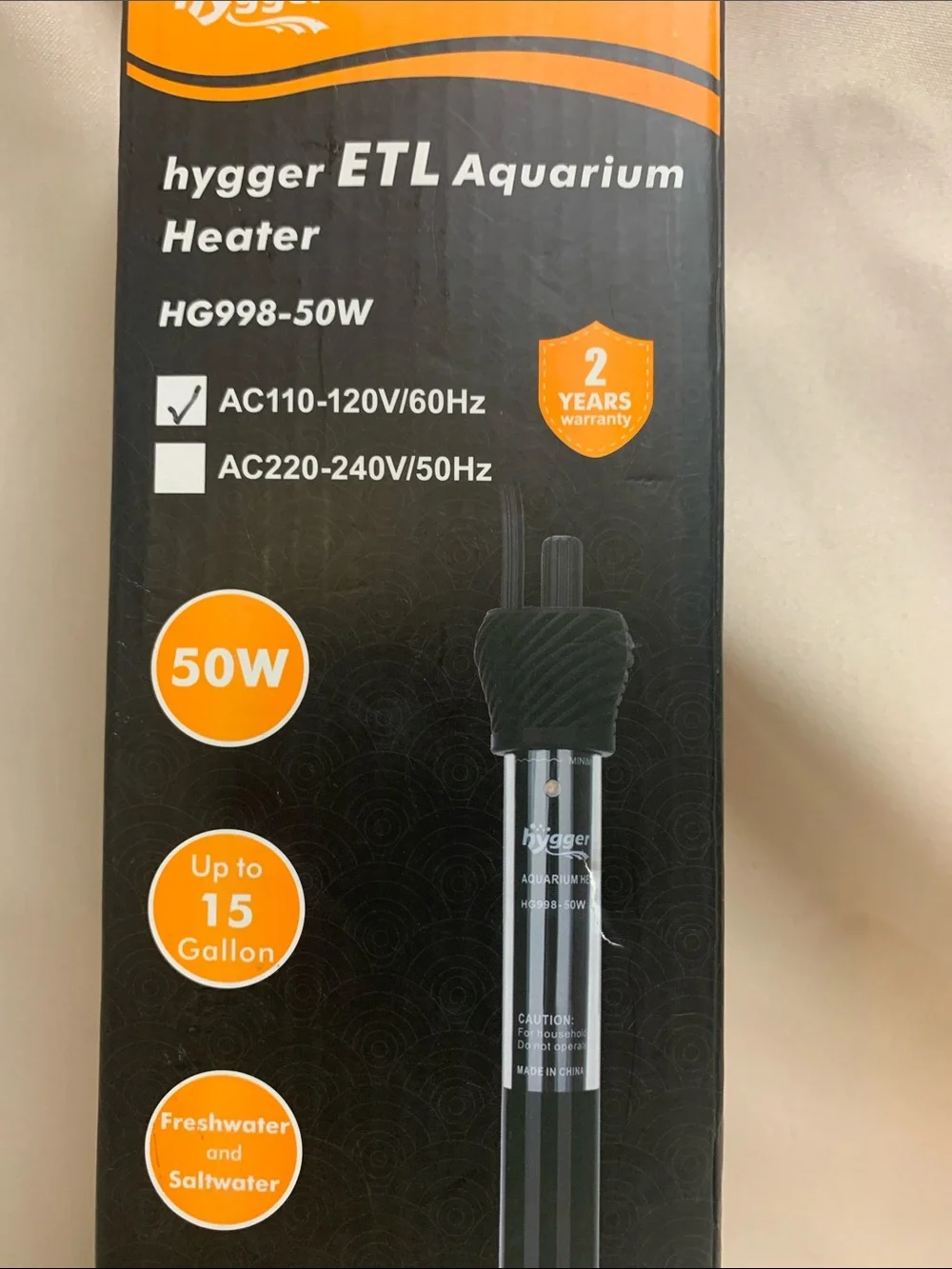 hygger ETL Aquarium Heater - Black with Orange Accents